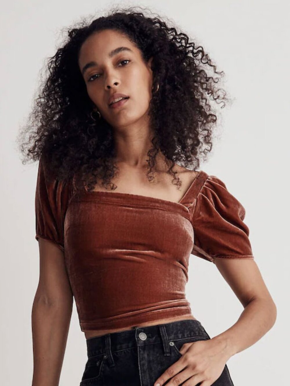 Madewell Hopewell Puff-Sleeve Crop Top in Silk-Blend Velvet